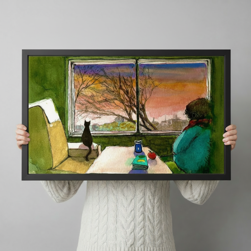 Cat Window Sunset Cozy Interior Watercolor Canvas Art