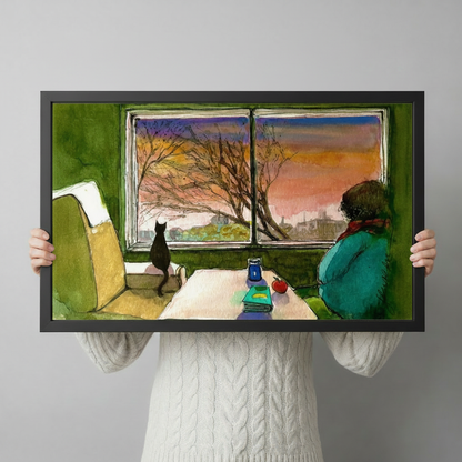 Cat Window Sunset Cozy Interior Watercolor Canvas Art