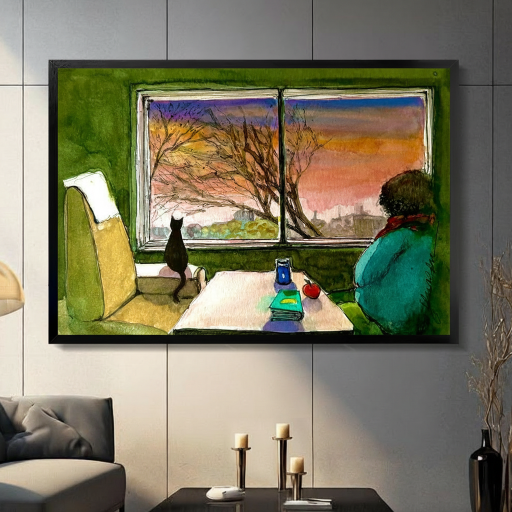 Cat Window Sunset Cozy Interior Watercolor Canvas Art