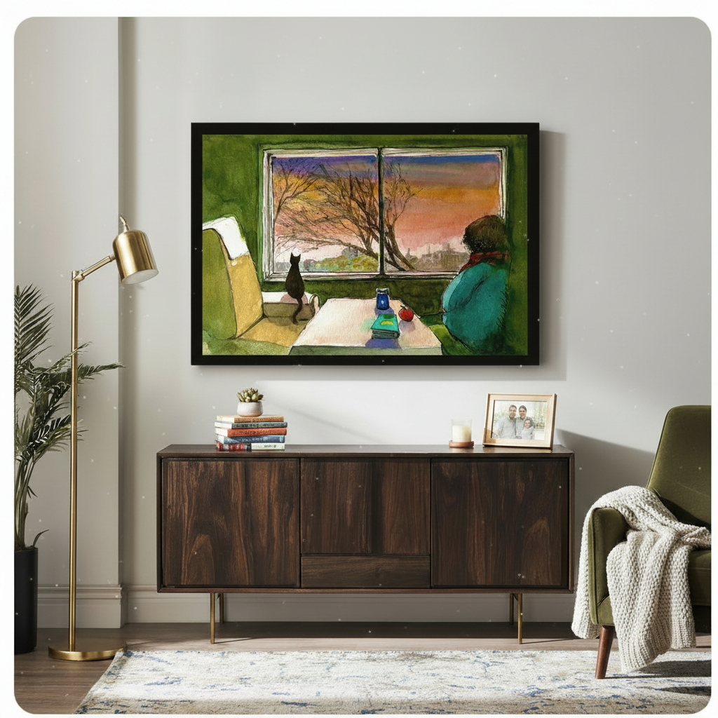 Cat Window Sunset Cozy Interior Watercolor Canvas Art