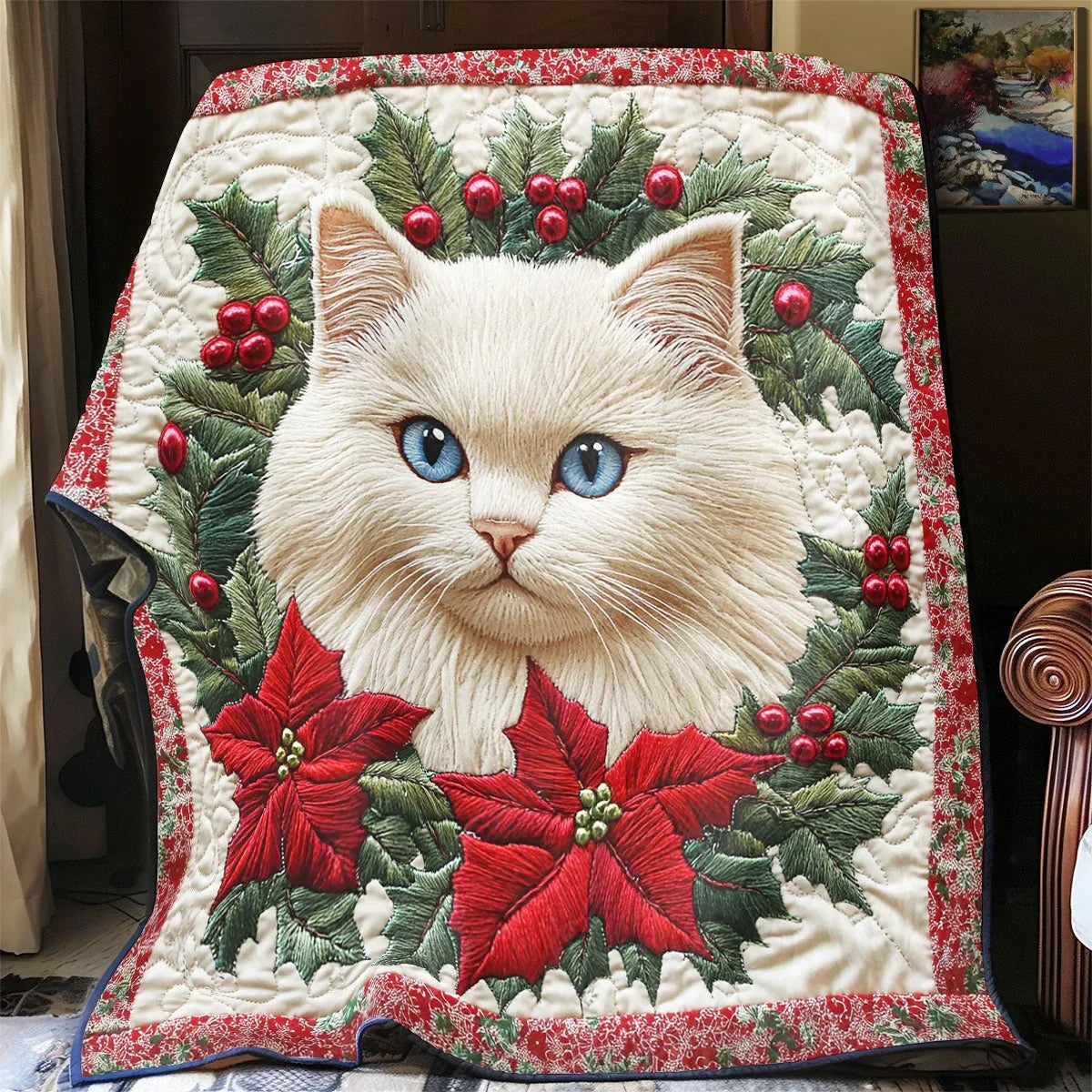 Cat With Poinsettia Quilt Blanket