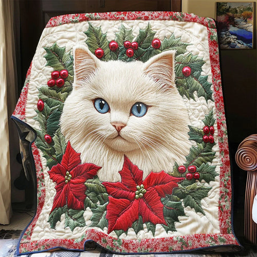 Cat With Poinsettia Quilt Blanket