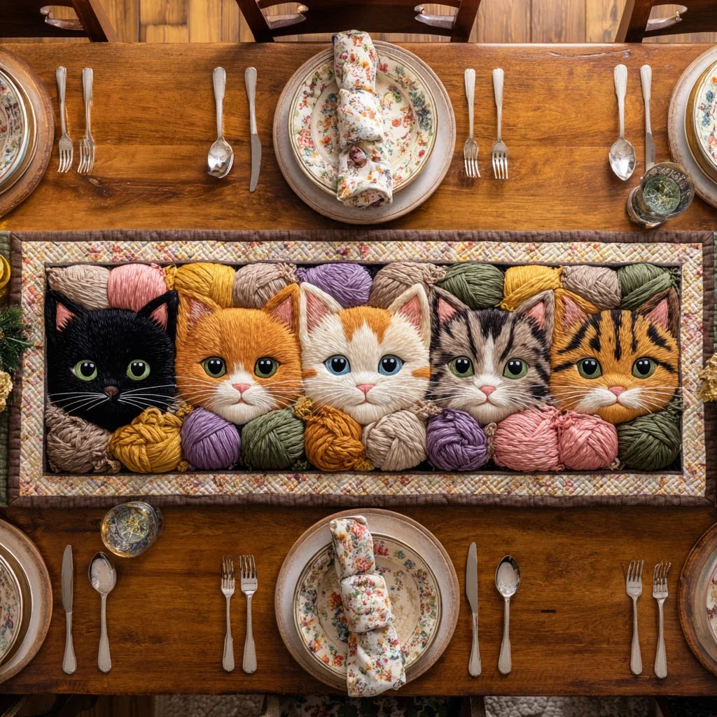 Cat Yarn Ball Quilted Table Runner