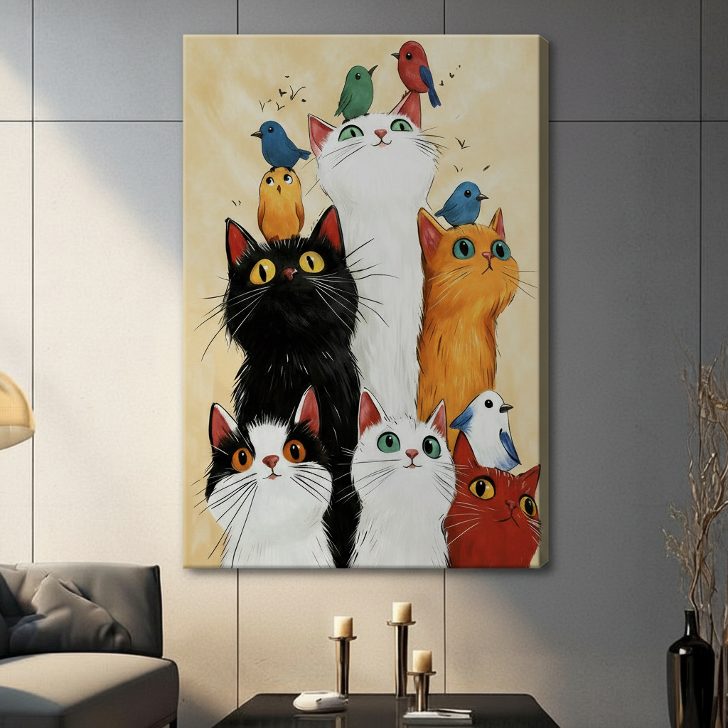 Whimsical Cats and Birds Framed Canvas Art Wall Art