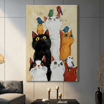 Whimsical Cats and Birds Framed Canvas Art Wall Art