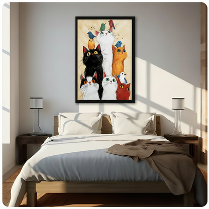 Whimsical Cats and Birds Framed Canvas Art Wall Art