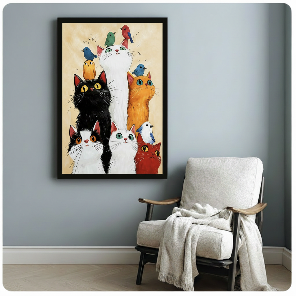 Whimsical Cats and Birds Framed Canvas Art Wall Art