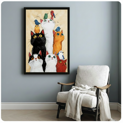 Whimsical Cats and Birds Framed Canvas Art Wall Art