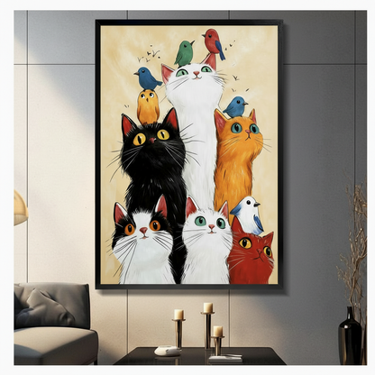 Whimsical Cats and Birds Framed Canvas Art Wall Art