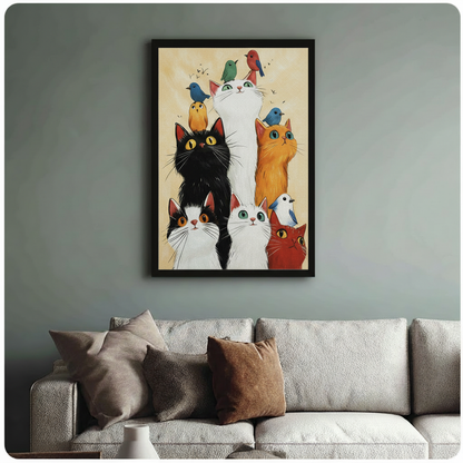 Whimsical Cats and Birds Framed Canvas Art Wall Art