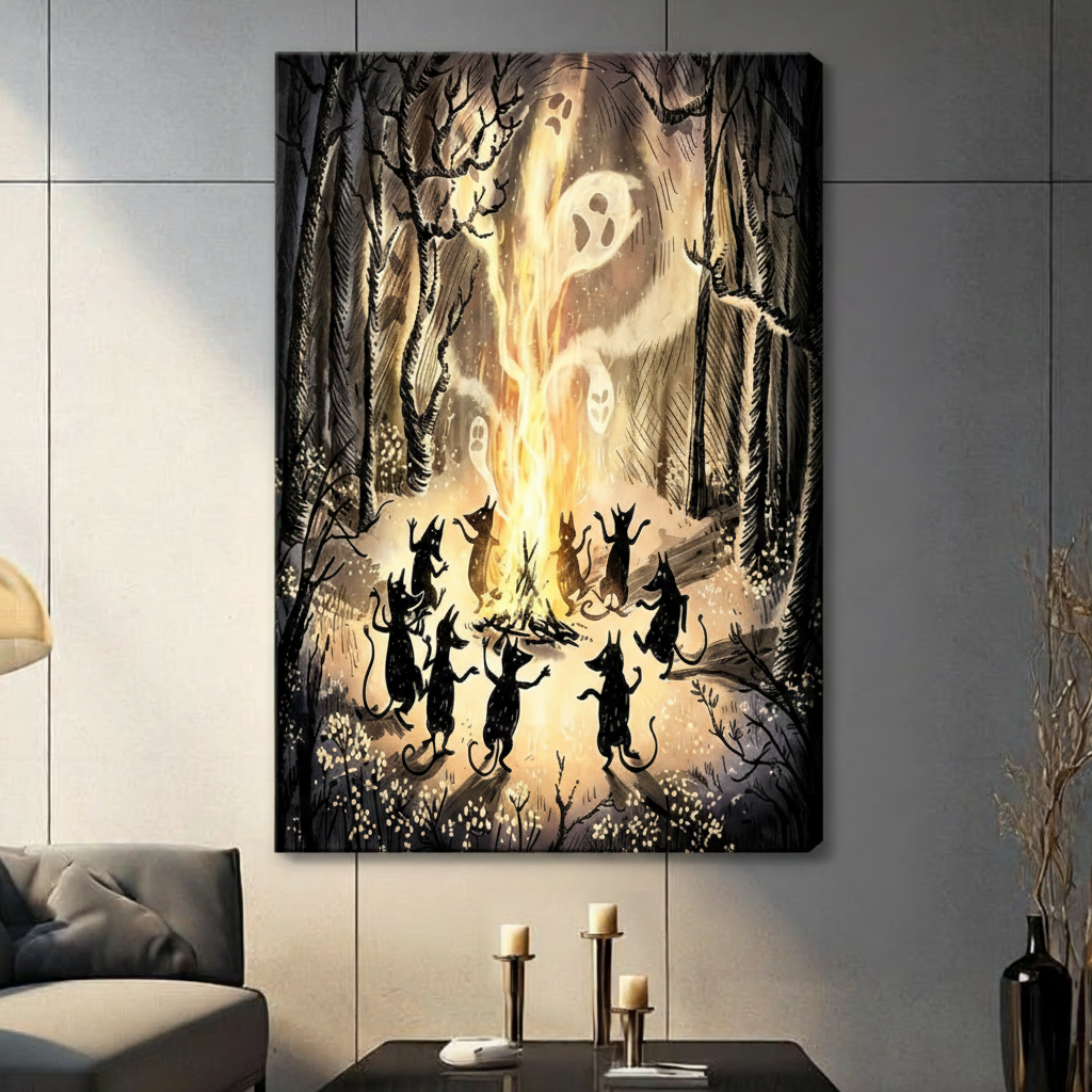 Halloween Cats Bonfire Forest Canvas Art Wall Art