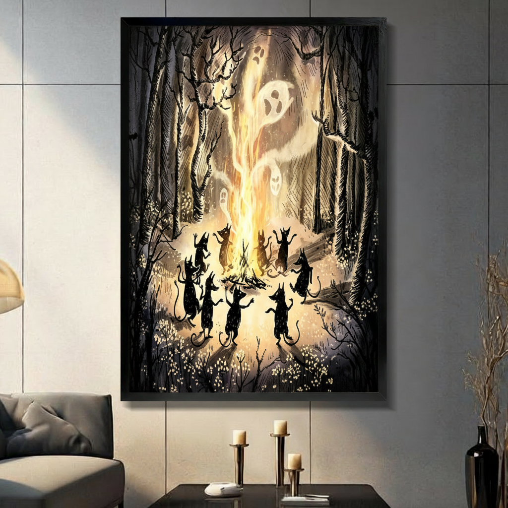 Halloween Cats Bonfire Forest Canvas Art Wall Art
