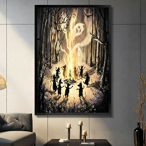 Halloween Cats Bonfire Forest Canvas Art Wall Art