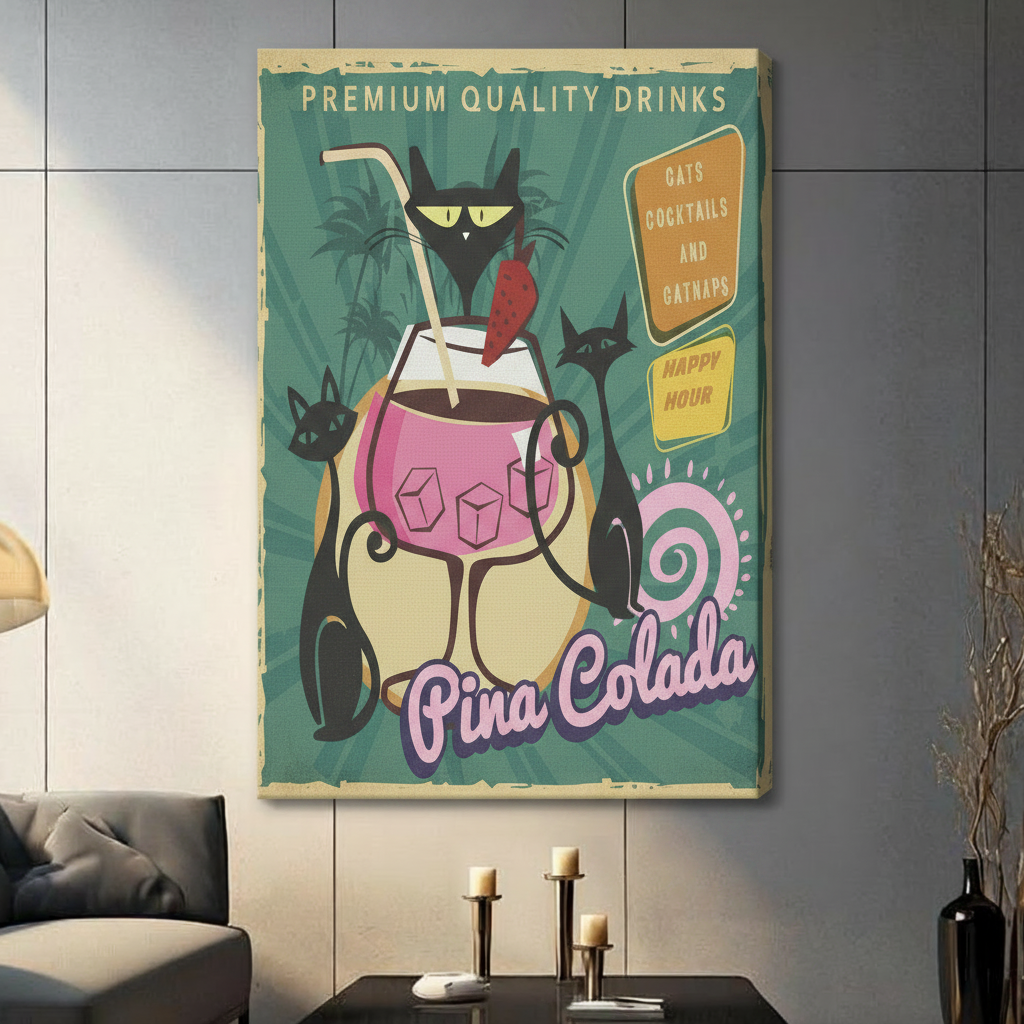 Retro Cat Pina Colada Cocktail Canvas Wall Art