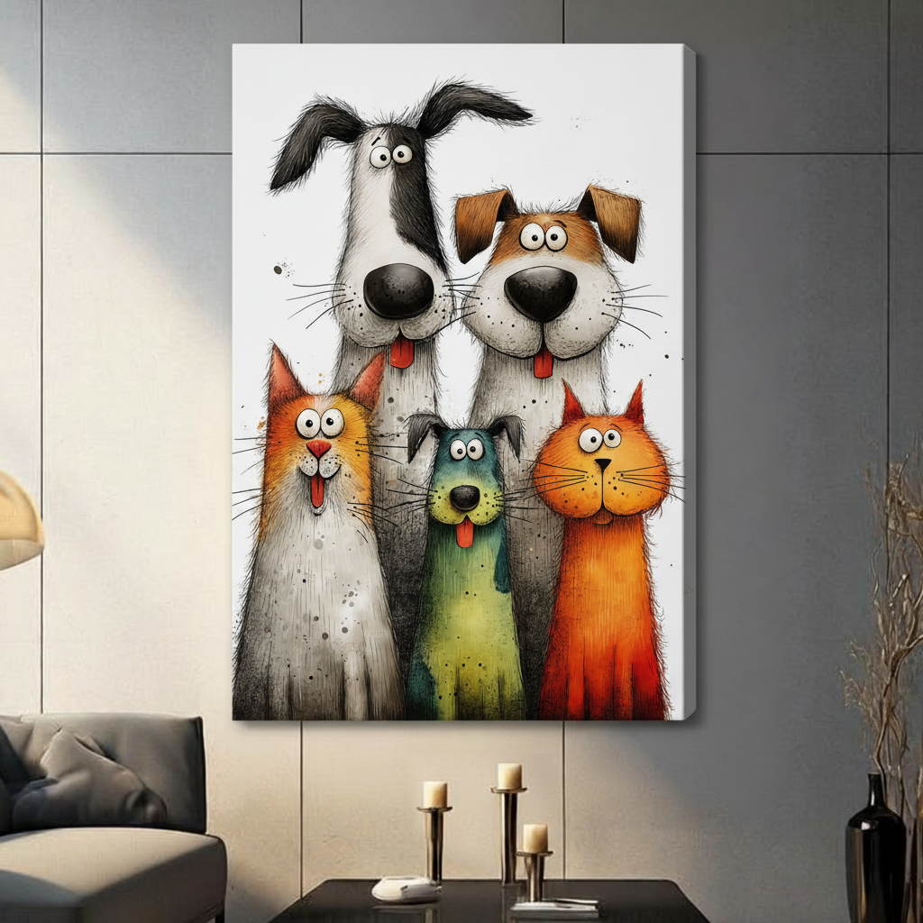 Funny Pets Gang Framed Canvas Wall Art