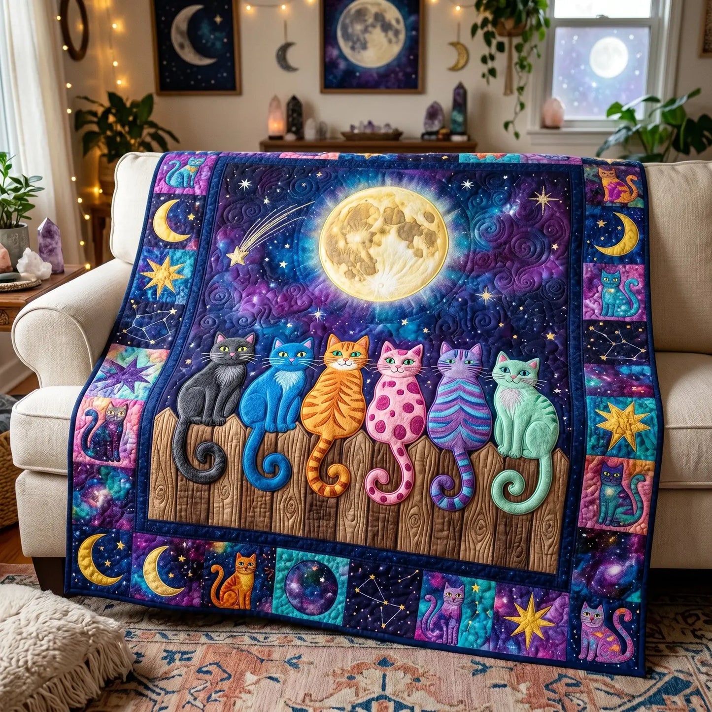 Cats In Moonlight Quilt Blanket