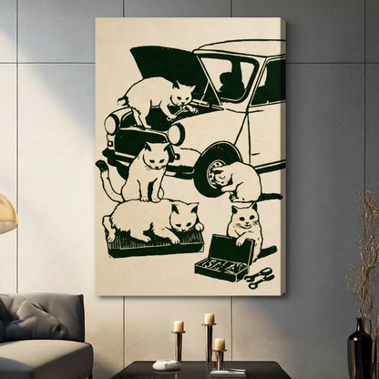 Vintage Cats Fixing Car Canvas Art Wall Art