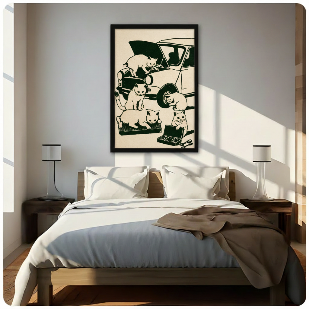Vintage Cats Fixing Car Canvas Art Wall Art
