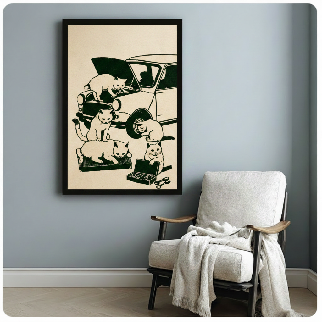 Vintage Cats Fixing Car Canvas Art Wall Art