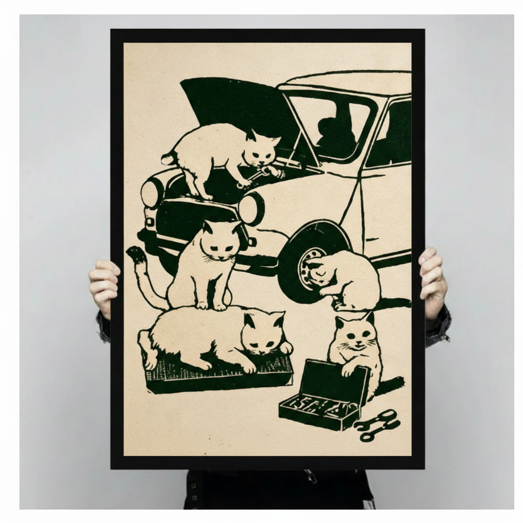 Vintage Cats Fixing Car Canvas Art Wall Art