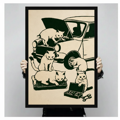 Vintage Cats Fixing Car Canvas Art Wall Art