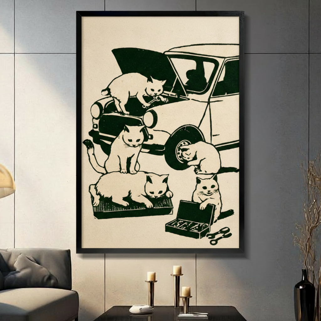 Vintage Cats Fixing Car Canvas Art Wall Art