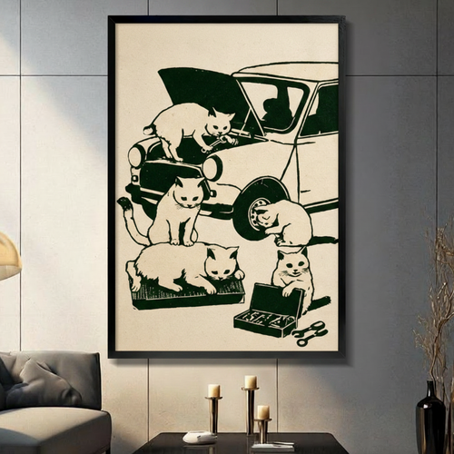 Vintage Cats Fixing Car Canvas Art Wall Art