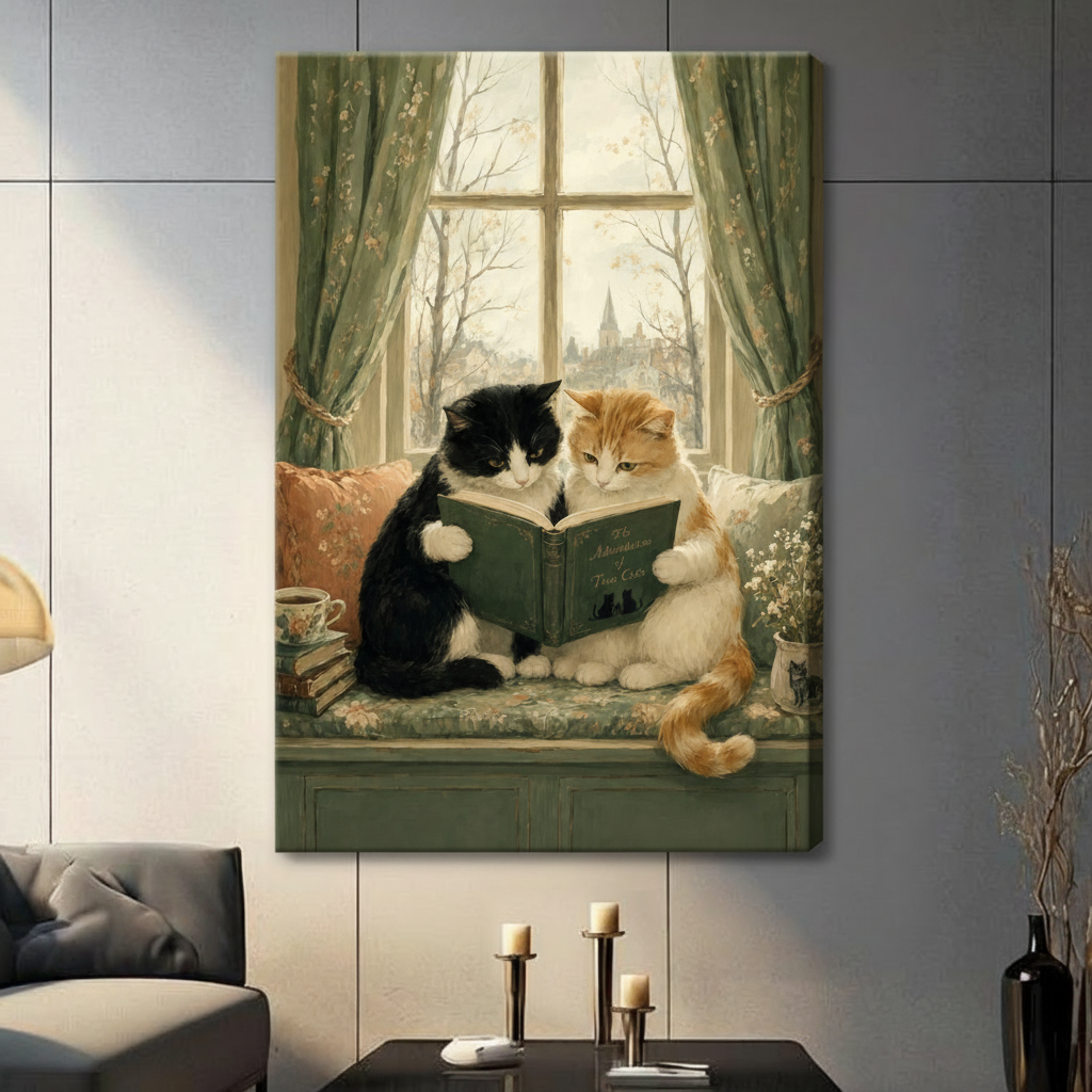 Vintage Cats Reading Book Canvas Wall Art