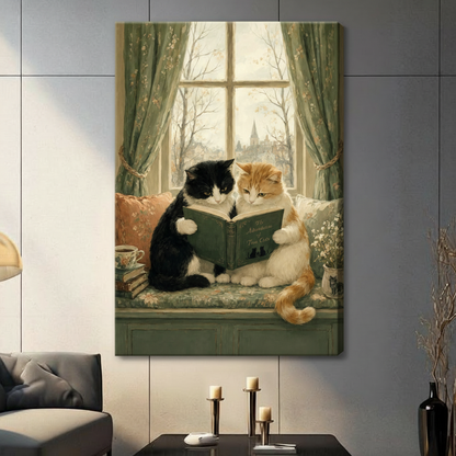 Vintage Cats Reading Book Canvas Wall Art