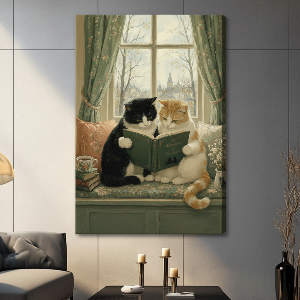 Victorian Cats Reading Canvas Wall Art