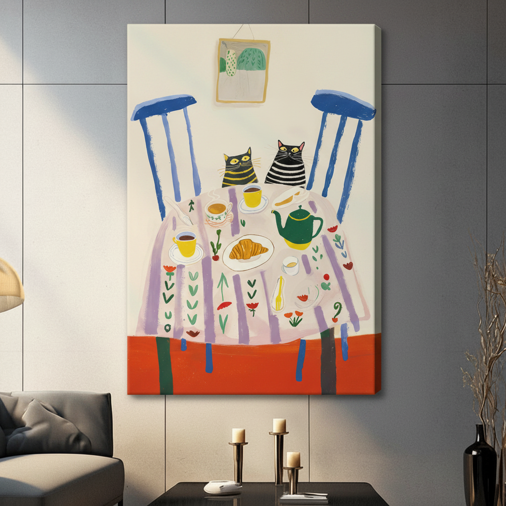 Whimsical Cats Tea Party Folk Art Canvas Wall Art