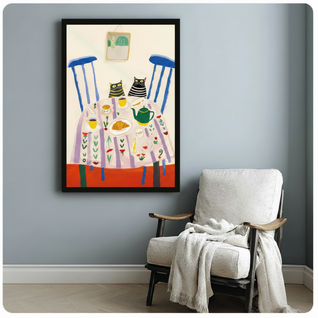 Whimsical Cats Tea Party Folk Art Canvas Wall Art