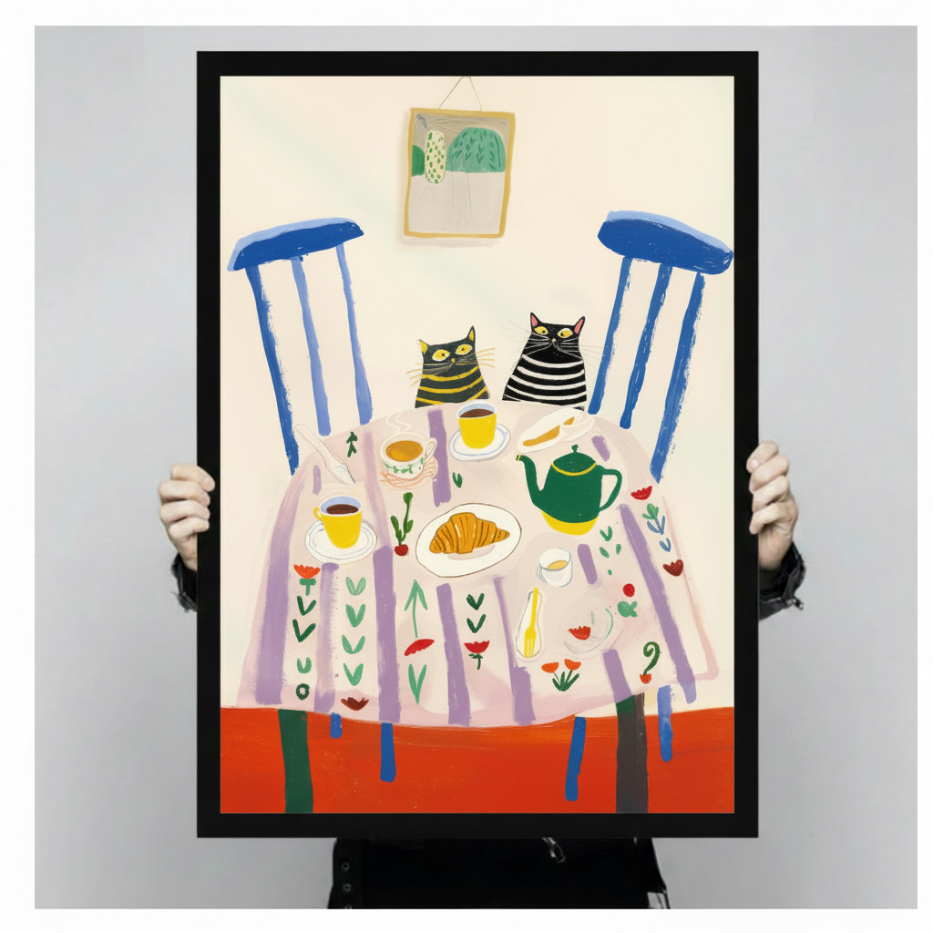 Whimsical Cats Tea Party Folk Art Canvas Wall Art