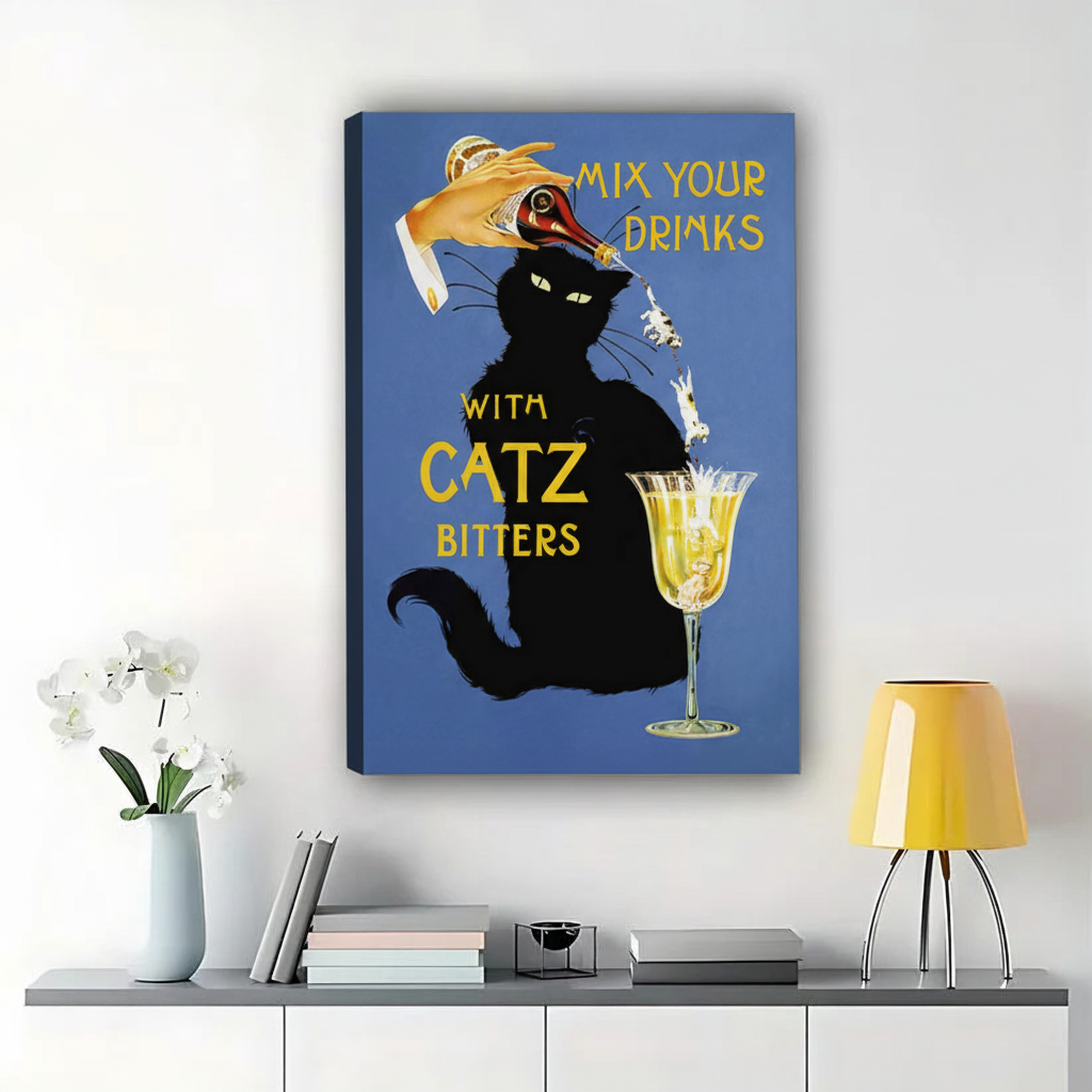 Mix Your Drinks with Catz Bitters Retro Black Cat – Vintage Bar Wall Art on Natural Wood Canvas