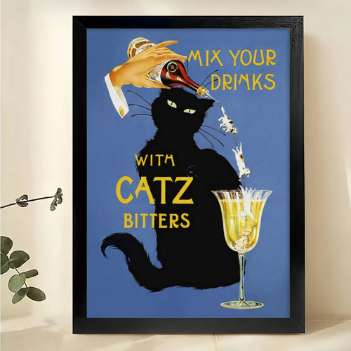 Mix Your Drinks with Catz Bitters Retro Black Cat – Vintage Bar Wall Art on Natural Wood Canvas