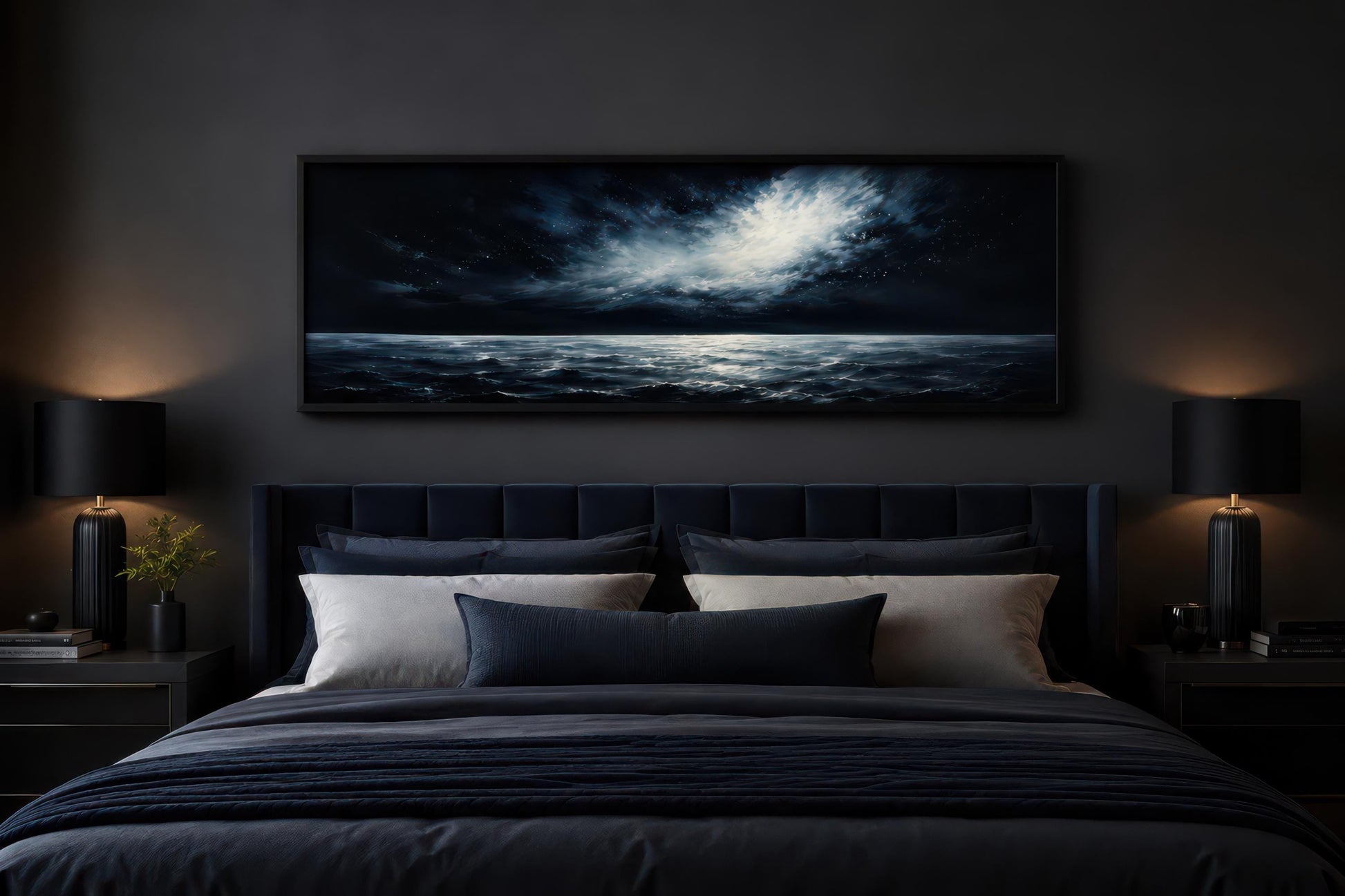 Dark Navy Moonlit Ocean Night Sky Seascape Painting, Moody Masculine Bedroom Decor Canvas Wall Art