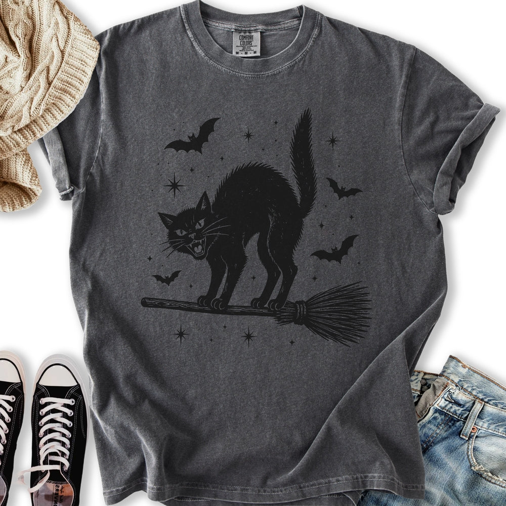 Black Cat On Broomstick Relaxed Tee