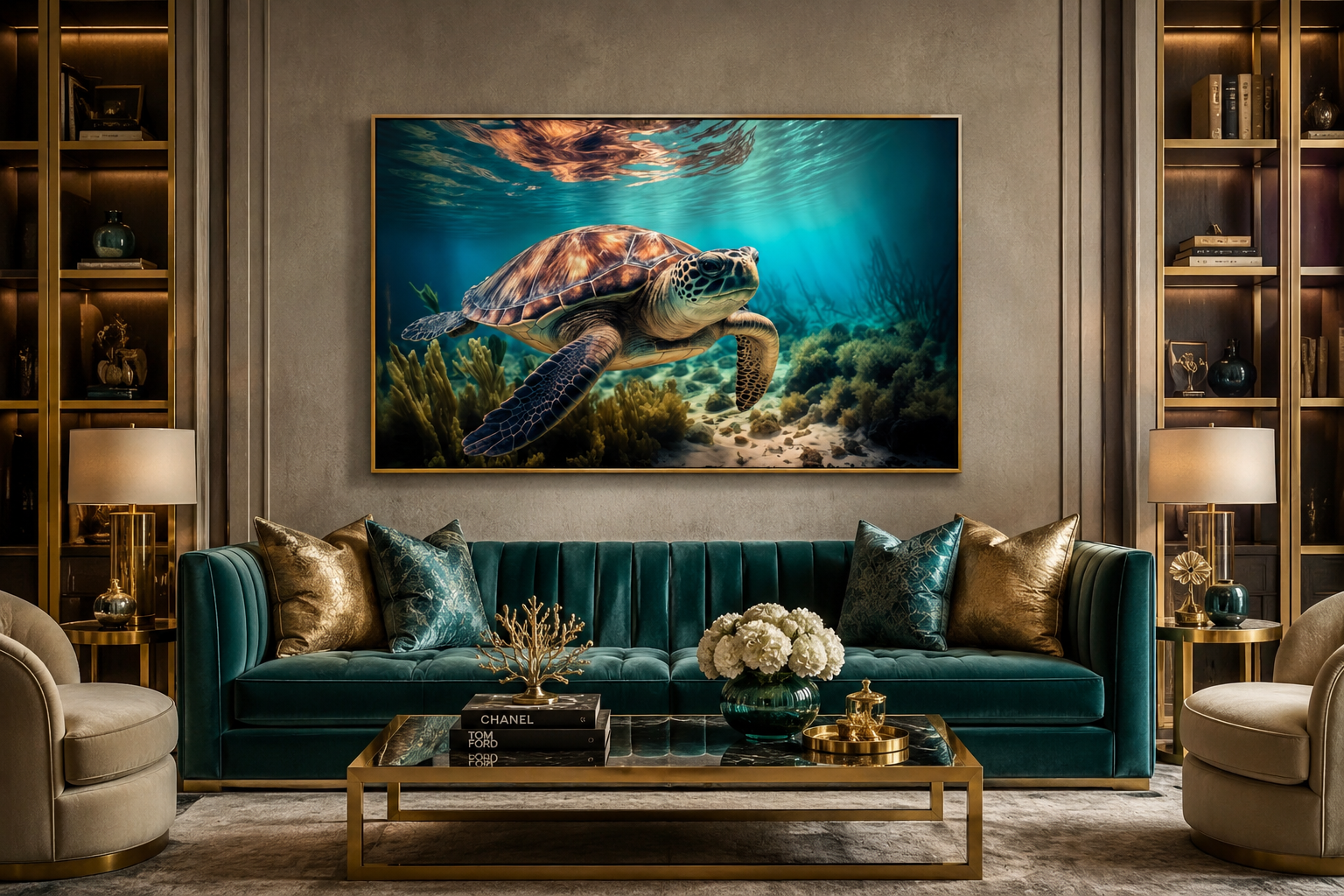 Sea Turtle In Coral Reef Underwater Canvas Wall Art
