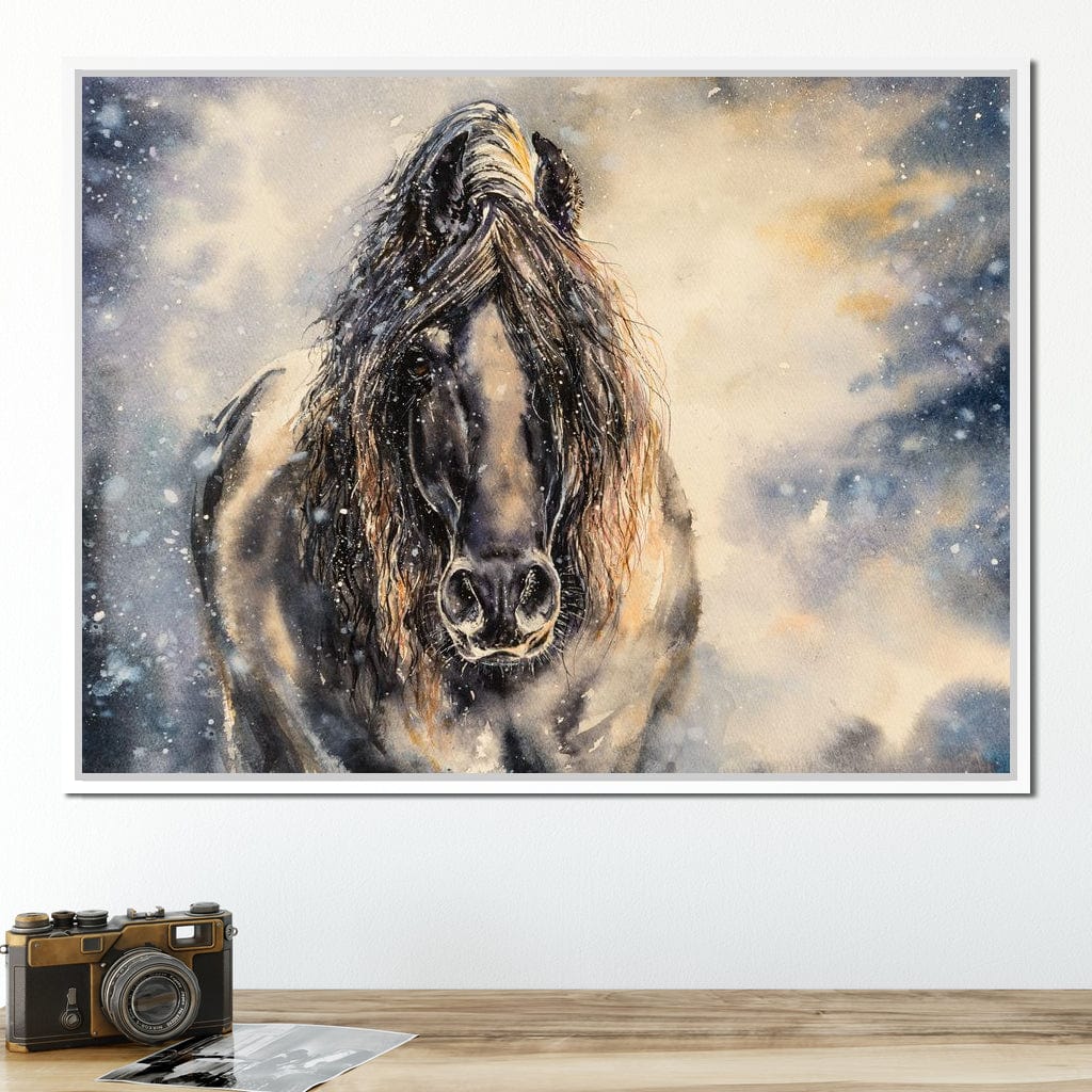 Black Horse in Winter Canvas Wall Art