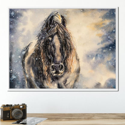 Black Horse in Winter Canvas Wall Art