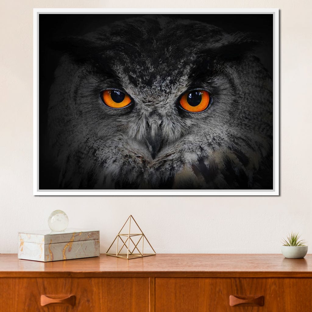 Black & White Owl with Orange Eyes Canvas Wall Art
