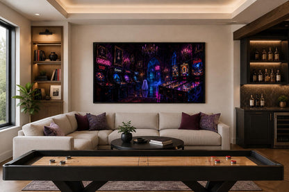 Spooky Halloween Arcade with Ghost and Pinball Machines in Neon Purple, Man Cave Game Room Wall Art