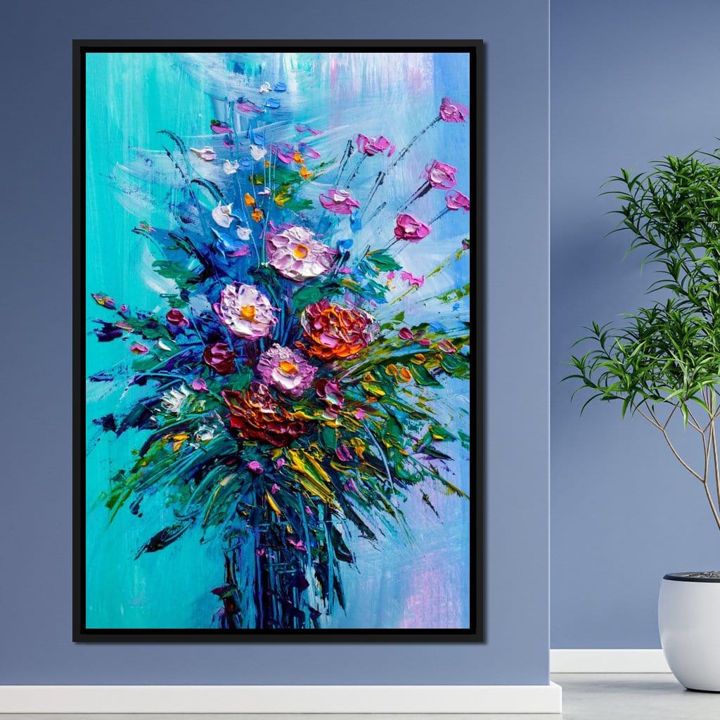Bouquet of Flowers on Blue Background Canvas Wall Art