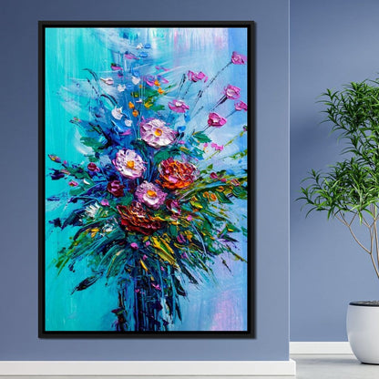 Bouquet of Flowers on Blue Background Canvas Wall Art