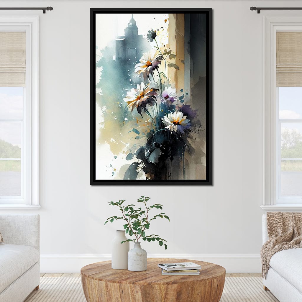 White & Teal Watercolor Flowers Canvas Wall Art