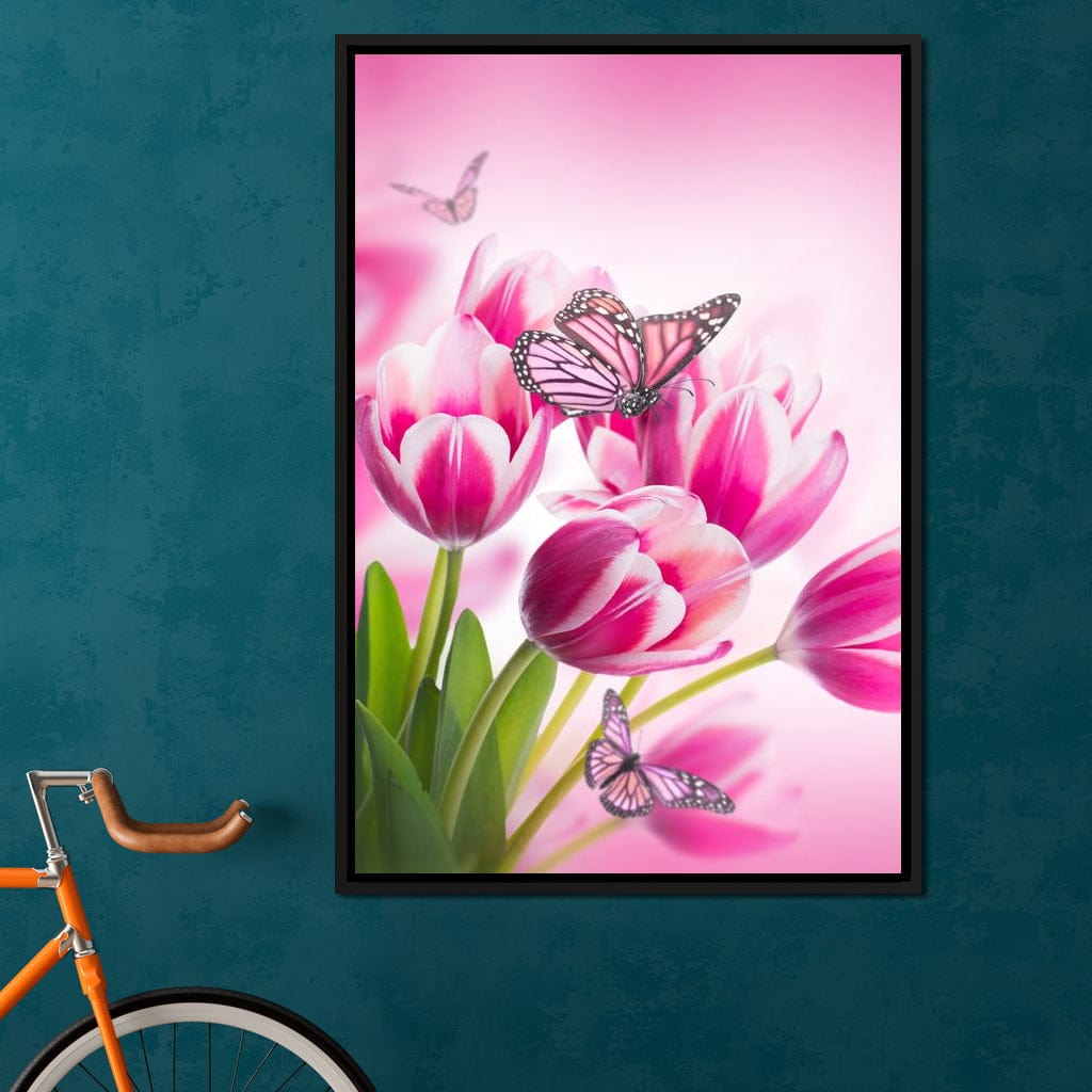 Bouquet of Pink Tulips & Butterflies Canvas Wall Art