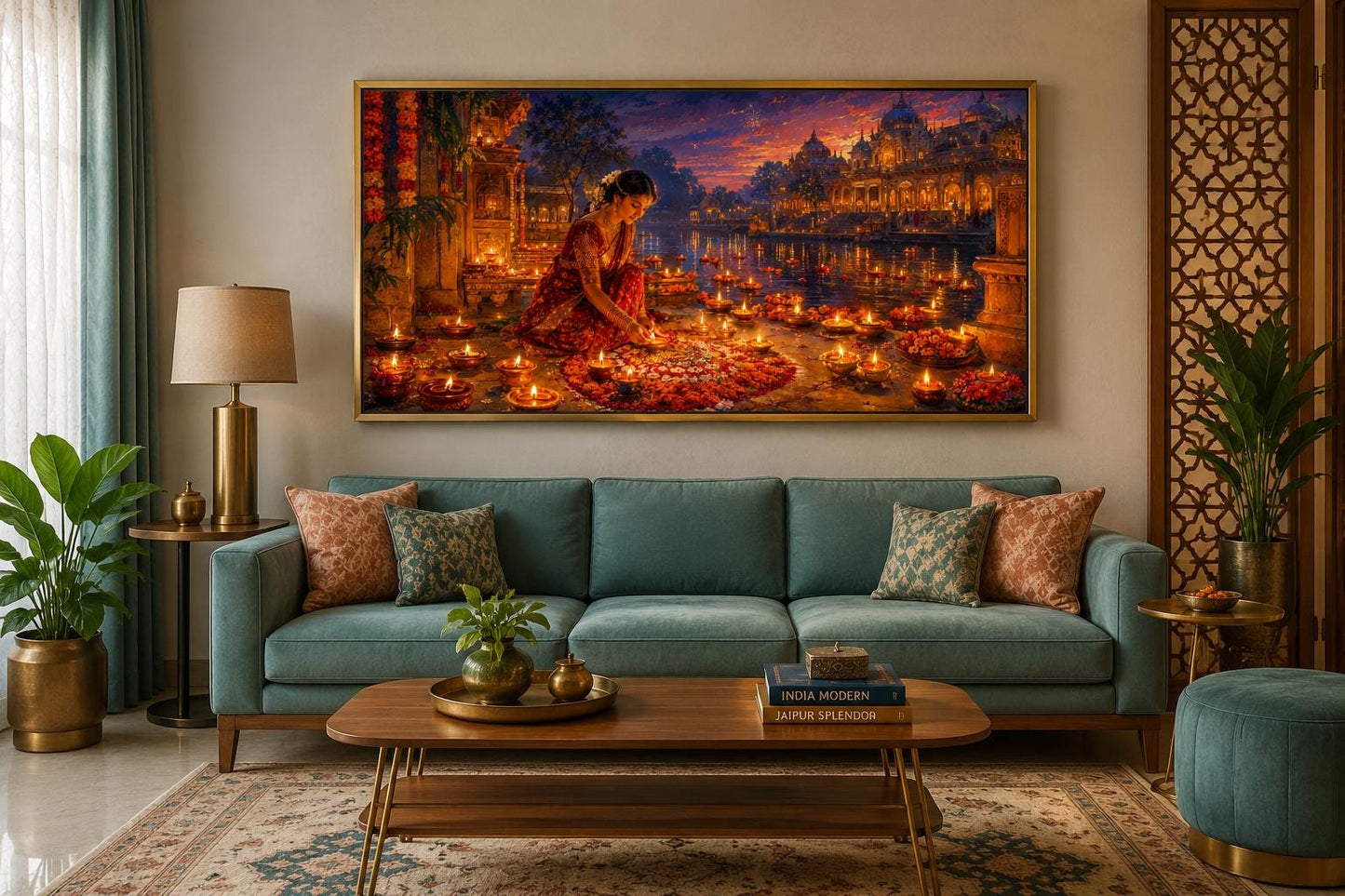 Diwali Canvas Wall Art - Woman Lighting Diyas Indian Festival Painting | Living Room Decor