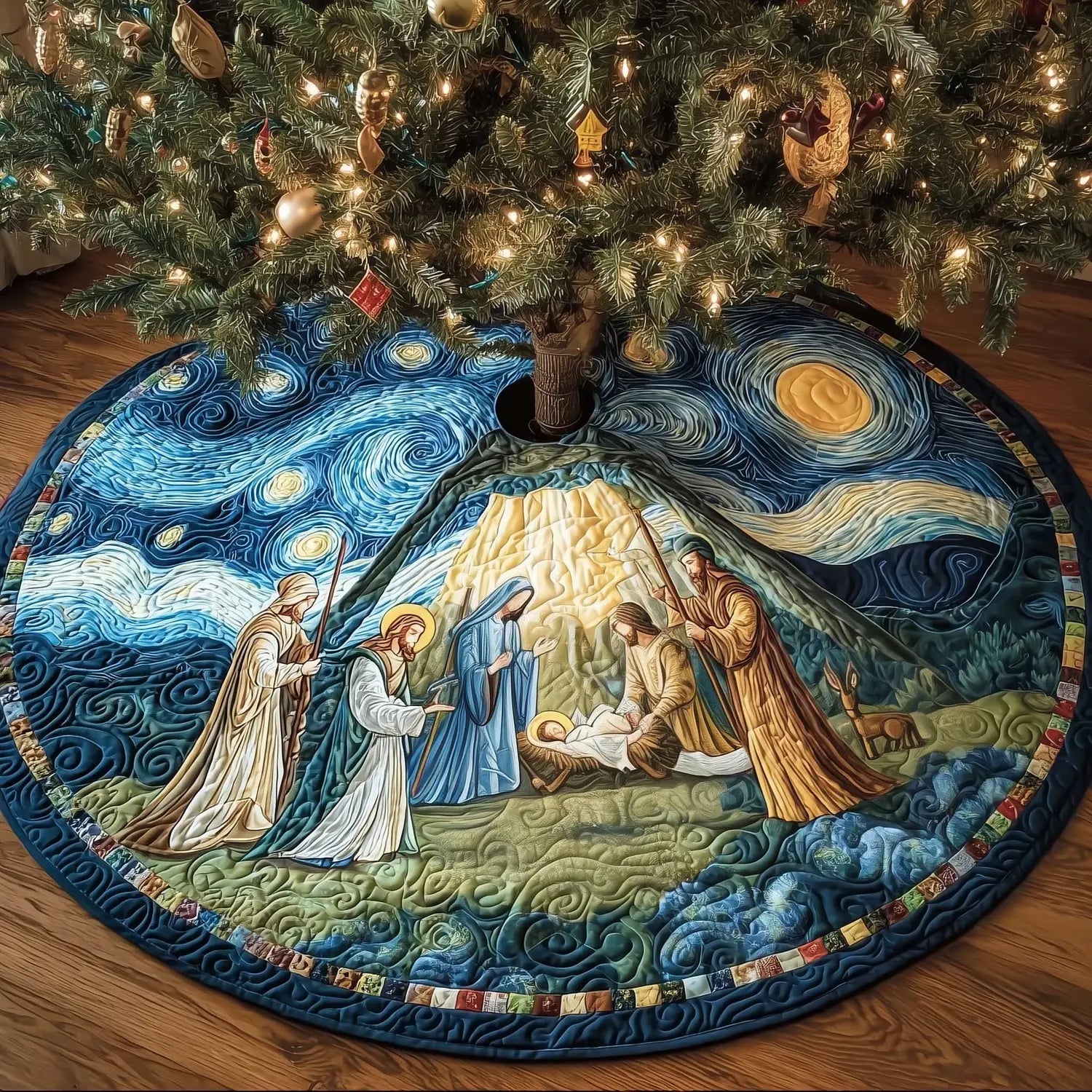 Celestial God Christmas Quilted Tree Skirt