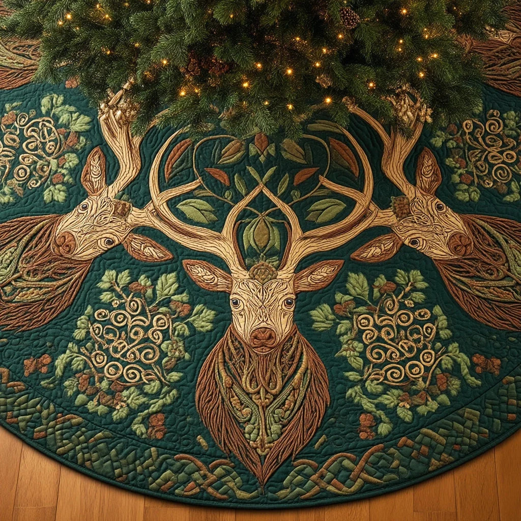 Celtic Forest Deer Christmas Quilted Tree Skirt