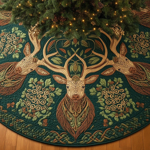 Celtic Forest Deer Christmas Quilted Tree Skirt